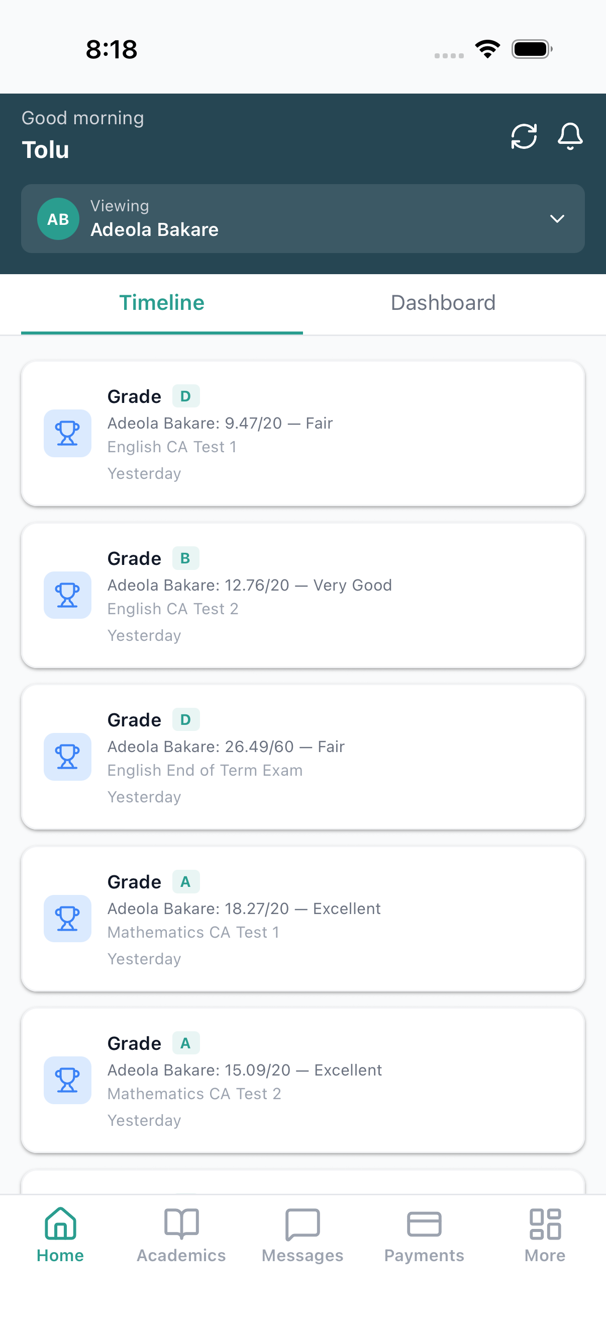 Parent home mobile — same data, real-time, in the pocket