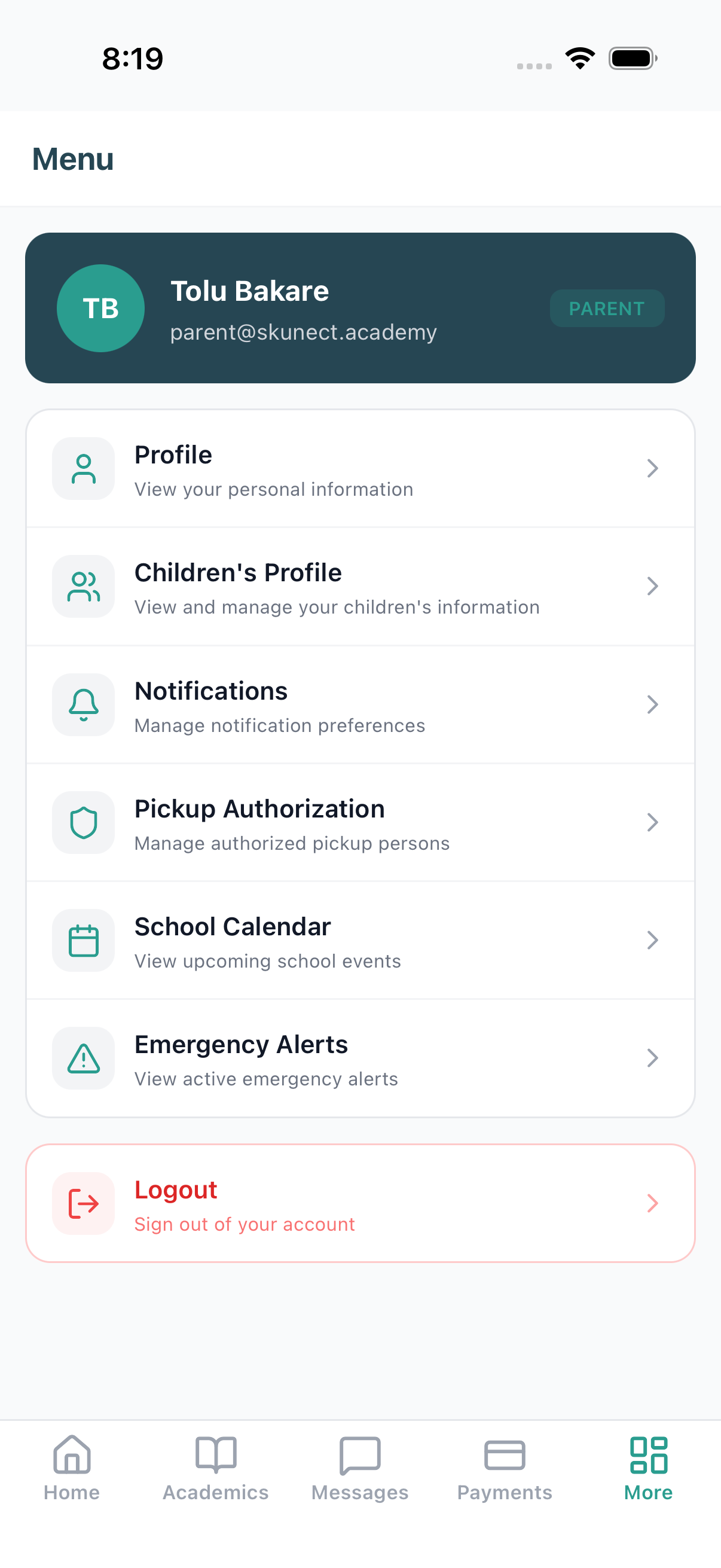 Parent mobile — Pickup Authorization in the menu