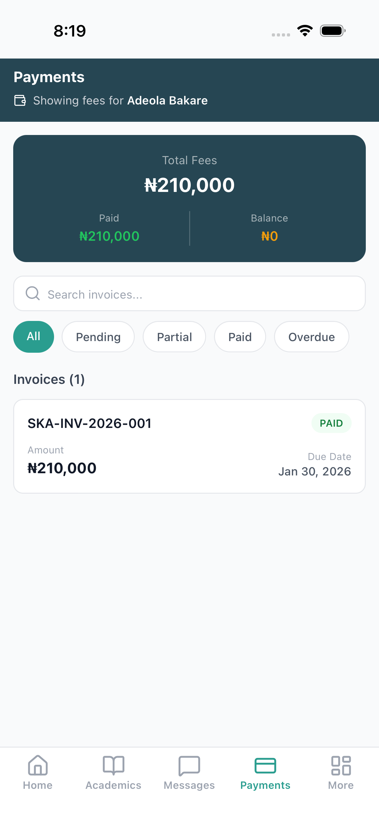 Parent mobile — per-child payments and balance