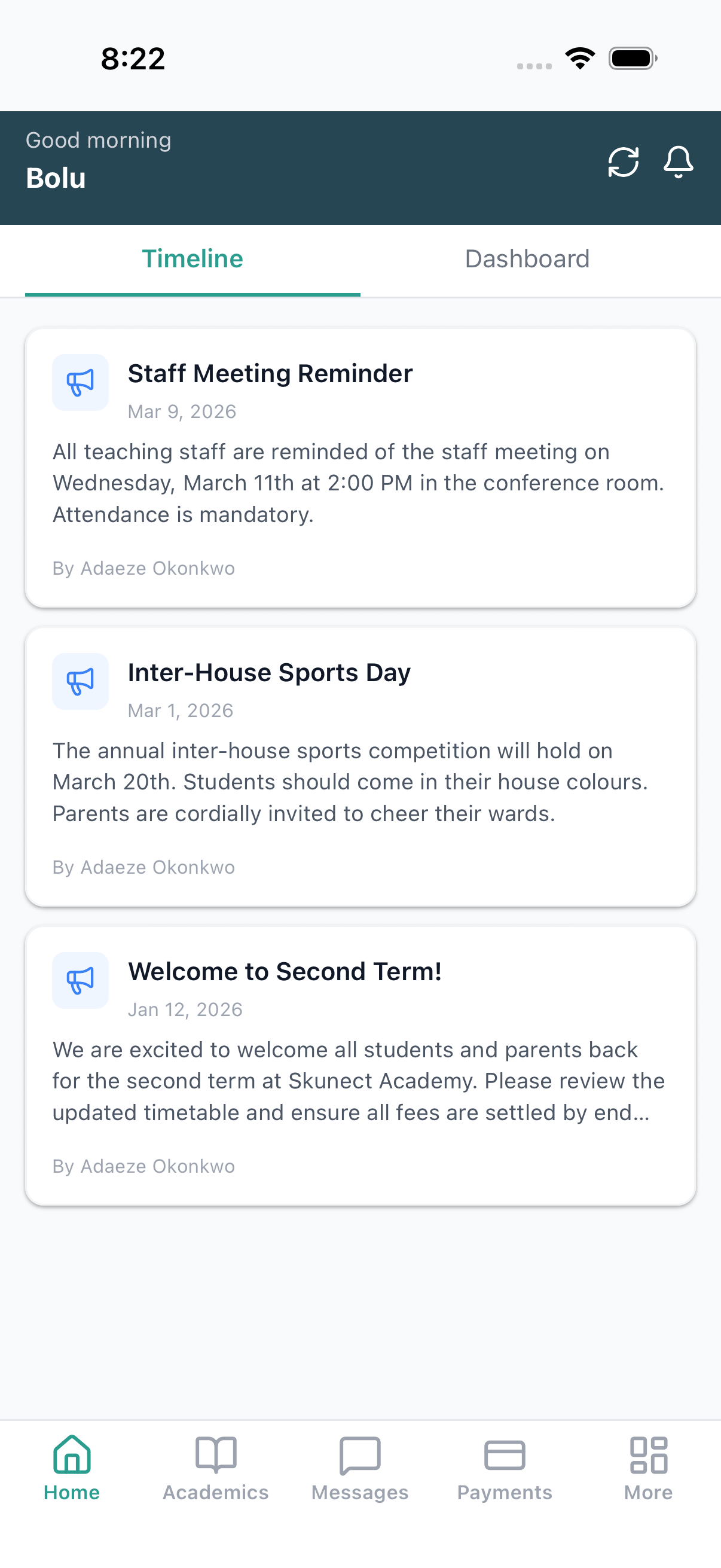 Teacher mobile home — announcements and quick actions